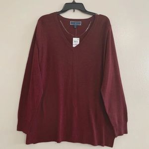 Karen Scott Plus Size 1X Pleat Front Lightweight V Neck Sweater burgundy